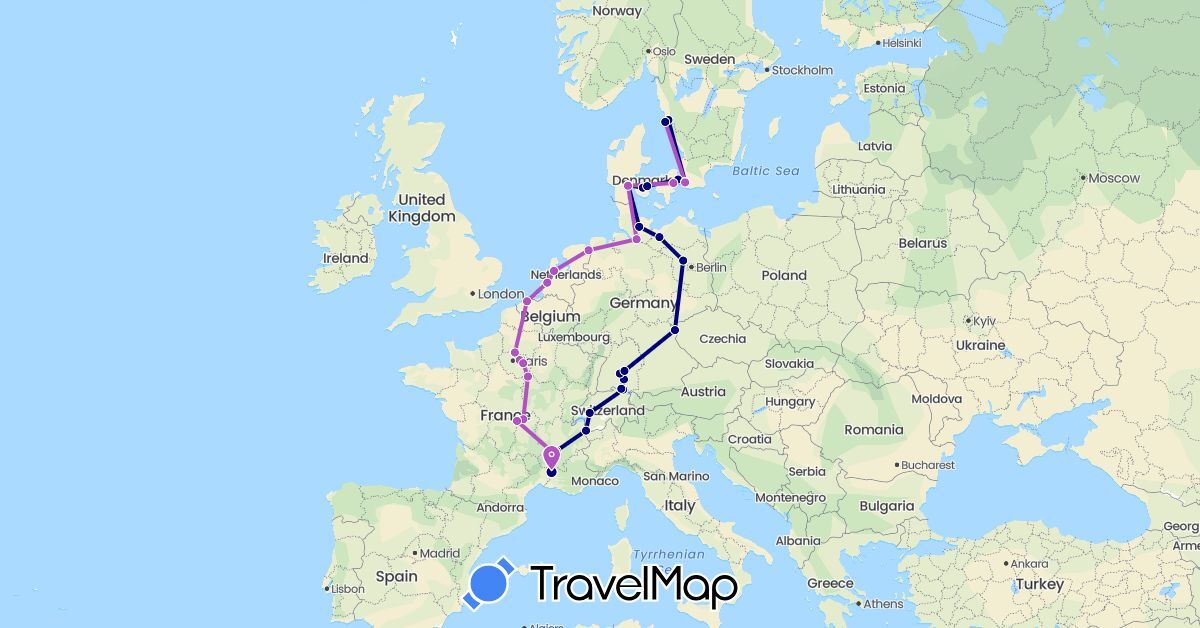 TravelMap itinerary: driving, train in Belgium, Switzerland, Czech Republic, Germany, Denmark, France, Netherlands, Sweden (Europe)